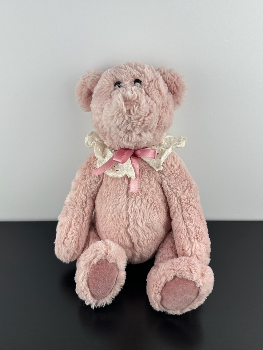 Gund RARE Pink Jointed Teddy Bear 12” Lace Collar Ribbon Bow Plush